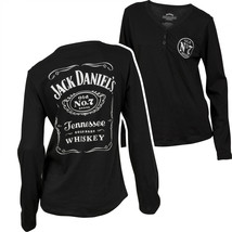 Jack Daniel&#39;s Label Women&#39;s Long Sleeve Henley Shirt Black - £33.51 GBP+