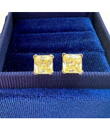 Lab Grown Fancy Yellow Princess 2 Cts Solitaire Stud Earrings 14K White ... - $1,250.00