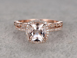 1.50Ct Cushion Cut Peach Morganite Bridal Halo Engagement Ring 14k Rose Gold Fn - £70.23 GBP