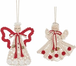 Gallerie Ii Set Of 2 Macrame Angels w/JINGLE Bells Knitted Christmas Ornaments - £23.88 GBP