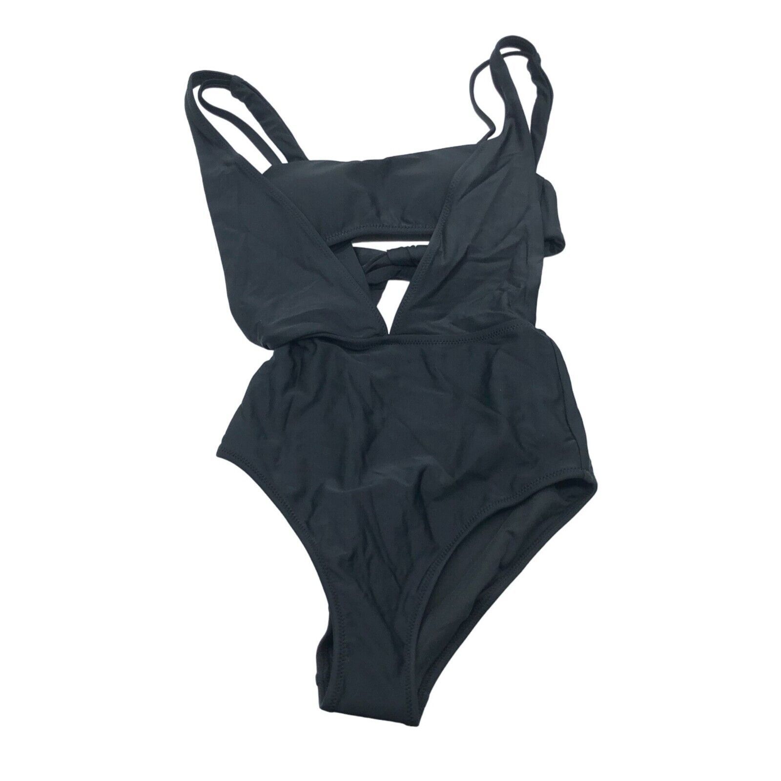 Primary image for Aerie One Piece Swimsuit Full Coverage Cutouts Tie Back Layered Look Black XXS