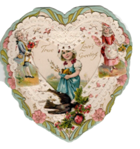 Vintage Valentine&#39;s Card Heart Shaped Girl Birds True Love&#39;s Greetings 5&quot; - £9.56 GBP