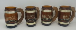 Vintage Set of 4 Brown Glass &amp; Wood Handle Cowboy Western Mugs Siesta Ware Nice - £30.03 GBP