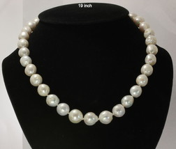 Pearl Necklace 19 Inch White Near Round Baroque 12 mm Knotted Silk Silver Hook - £141.19 GBP