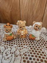 Halloween Porcelain Teddy Bear Pumpkin Trick or Treat Homco Figurine 3 p... - $21.00