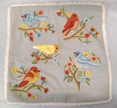 Pier 1 Embroidered Pillow Cover 17x17 Birds Flowers Beads Green Tan - $29.02