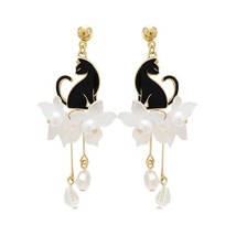 Stud earrings acrylic Black cat earrings female popular white petals lon... - $17.00