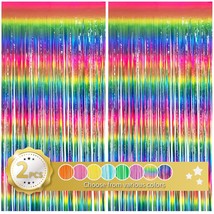 2 Pack Dark Rainbow Colorful Foil Fringe Curtain, Assort Color Tinsel Metallic C - £16.23 GBP