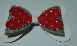 Handcrafted 3 Layer, White,Silver And Red Valentine Hairbow, 4.5&quot; X 3&quot; - £5.38 GBP