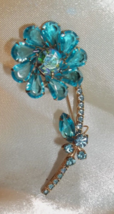 Large True  Vintage Prong Set Layered Blue Rhinestone Flower Brooch Pin 3.25&quot; - £23.73 GBP