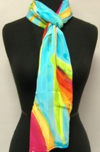 Hand Painted Silk Scarf Blue Oblong Womens Wrap Shawl Bird Of Paradise Scarves - £68.27 GBP