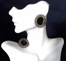 Vintage Earrings Silvertone and Black Filigree Pierced Stud Post  - $14.99