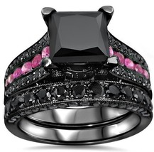 Black Diamond Ring Set, Princess Cut Simulated Diamond Bridal Wedding Ring Set - £72.56 GBP
