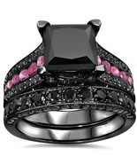 Black Diamond Ring Set, Princess Cut Simulated Diamond Bridal Wedding Ri... - £73.48 GBP