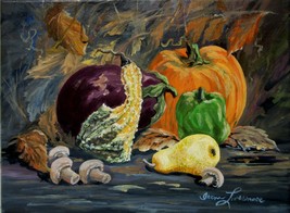 Eggplant Pumpkin Gourd Pear Vegetable Still Life Realistic Original Oil ... - £185.68 GBP