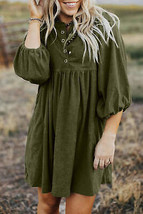 Vineyard Green Corduroy Snap Buttons Empire Waist Bracelet Sleeve Dress - $39.99