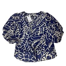 Rose + Olive NWT Tie Front Blouse Puff Sleeve Abstract Print Coastal Gra... - $22.95