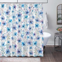 Nature Inspired Shower Curtain Set, Blue Flower Watercolor Design, Waterproof Fa - $30.99