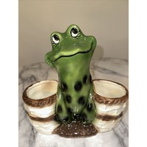 Vintage 9&quot; Handmade Majolica Ceramic Kitsch Frog Double Planter Pot Bask... - £46.38 GBP