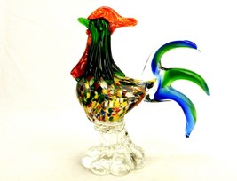 Murano Art Glass Rooster Figurine, Confetti Glass, Large Tail Feathers, Vintage - £77.15 GBP