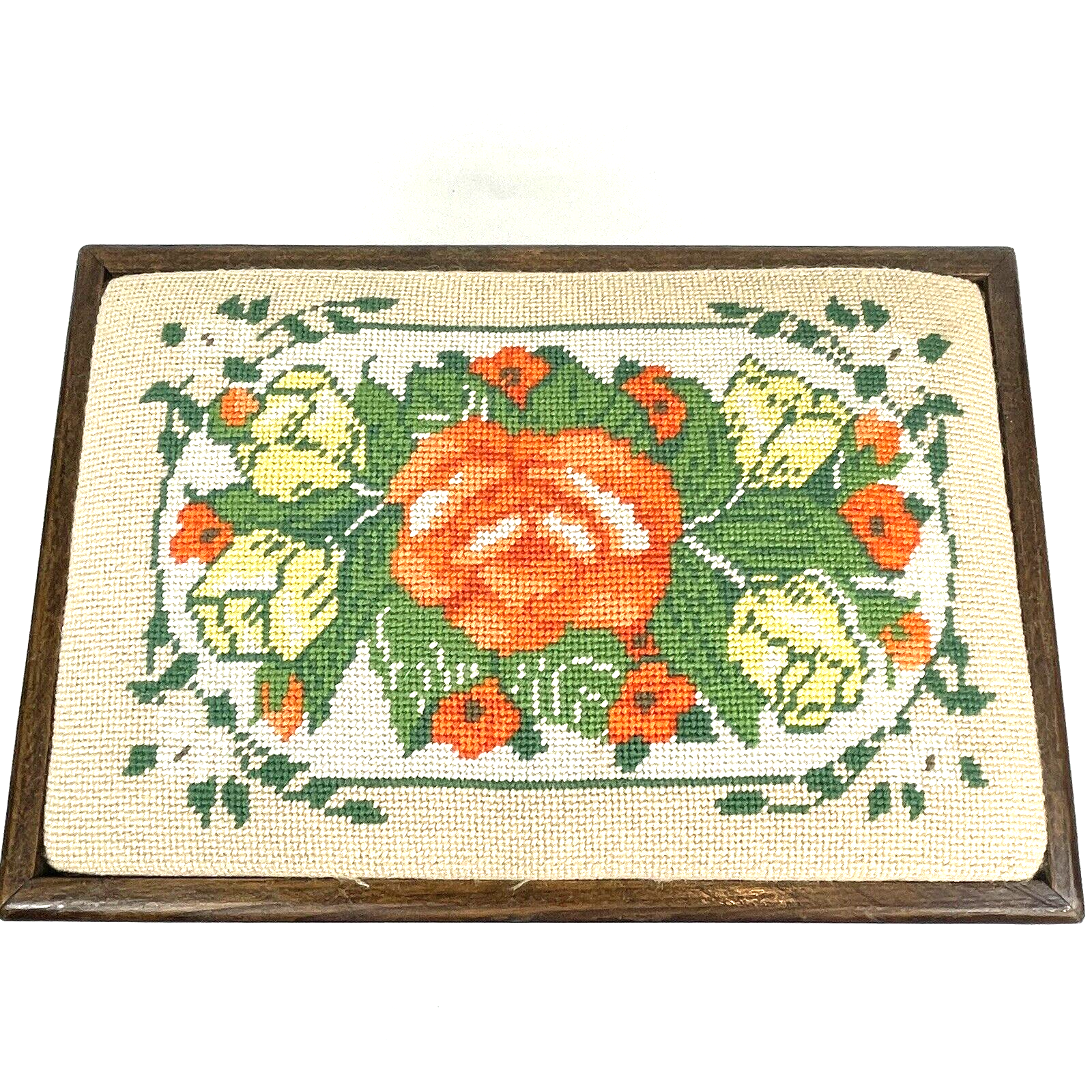 Primary image for Vintage Footstool Needlepoint Flowers Stool Carved Wood Roses Handmade Antique