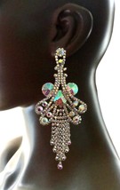 5.75” Long Aurora Borealis Glass Crystals Evening Party Clip-On Hoop Earrings - $32.30