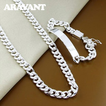 925 Silver Jewelry Sets Flat Link Chain Necklaces Bracelet For Men Women Wedding - £21.23 GBP