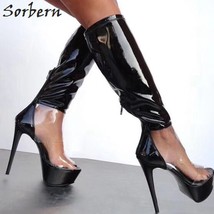 Sexy Open Toe Clear Pvc Women Boots Knee High Summer Style Shiny Black Boots Hig - £208.08 GBP