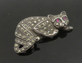 BOMA 925 Silver - Vintage Pink Topaz Eyes &amp; Marcasite Cat Brooch Pin - BP9149 - £53.39 GBP