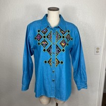 Bob Mackie Wearable Art Button Up Shirt Jacket Aqua Blue Western Embroidered M - £42.71 GBP