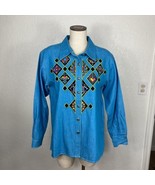 Bob Mackie Wearable Art Button Up Shirt Jacket Aqua Blue Western Embroid... - £42.83 GBP