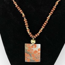 Mother of Pearl Etched Pendant Necklace 24&quot; Boho Wooden Beads  - £11.31 GBP