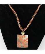 Mother of Pearl Etched Pendant Necklace 24&quot; Boho Wooden Beads  - £11.30 GBP
