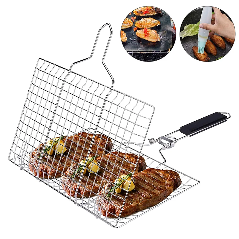 Removable Handle Portable BBQ Grill Basket Stainless Steel Grilling Net with Gri - £203.74 GBP