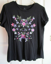 Hannah Women&#39;s Juniors Medium Top Floral Black T-Shirt - £8.55 GBP