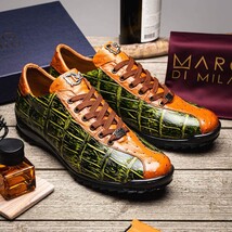 genuine alligator and ostrich quill fashion sneaker Saulo Green / Cognac image 8