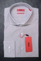 HUGO BOSS Uomo Meli Sharp Fit Rosso Scuro a Righe Cotone Camicia 42 16.5 32/33 - £51.69 GBP