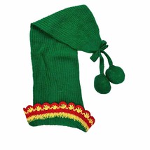 VTG RETRO 1950s Hand Knit Stocking cap Long Green/Red wool Knit with Pom Poms - £30.30 GBP