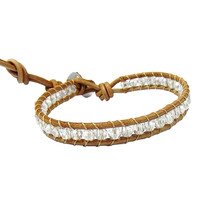 Nude Leather Clear Crystals Single Strand Bracelet - £7.08 GBP