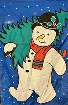Lg Christmas Garden Yard Flag Snowman Carrying Tree About 27&quot; X 44 - $7.46