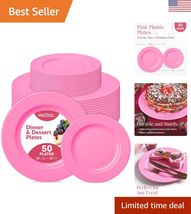 50-pc Pink Plastic Plates - 25 Plastic Dinner Plates 10" + 25 Salad Smal... - $59.38
