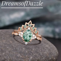 Oval Moss Agate Engagement Ring Set Vintage Green Gemstone Engagement Ring Women - £215.39 GBP