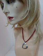 Stamped NW Red Leather Multi Strand (3) Corded Heart W Bling Necklace Adj to 17&quot; - £15.63 GBP