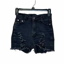 Fashion Nova Women Denim Shorty Short Distressed Ripped Raw Hem Black Size 3/4 - £8.54 GBP