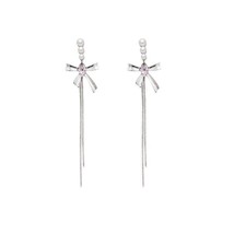 925 Silver Pink Heart Simulated Bow-Knot Tassel White Pearls Thread Drop Earring - £44.60 GBP