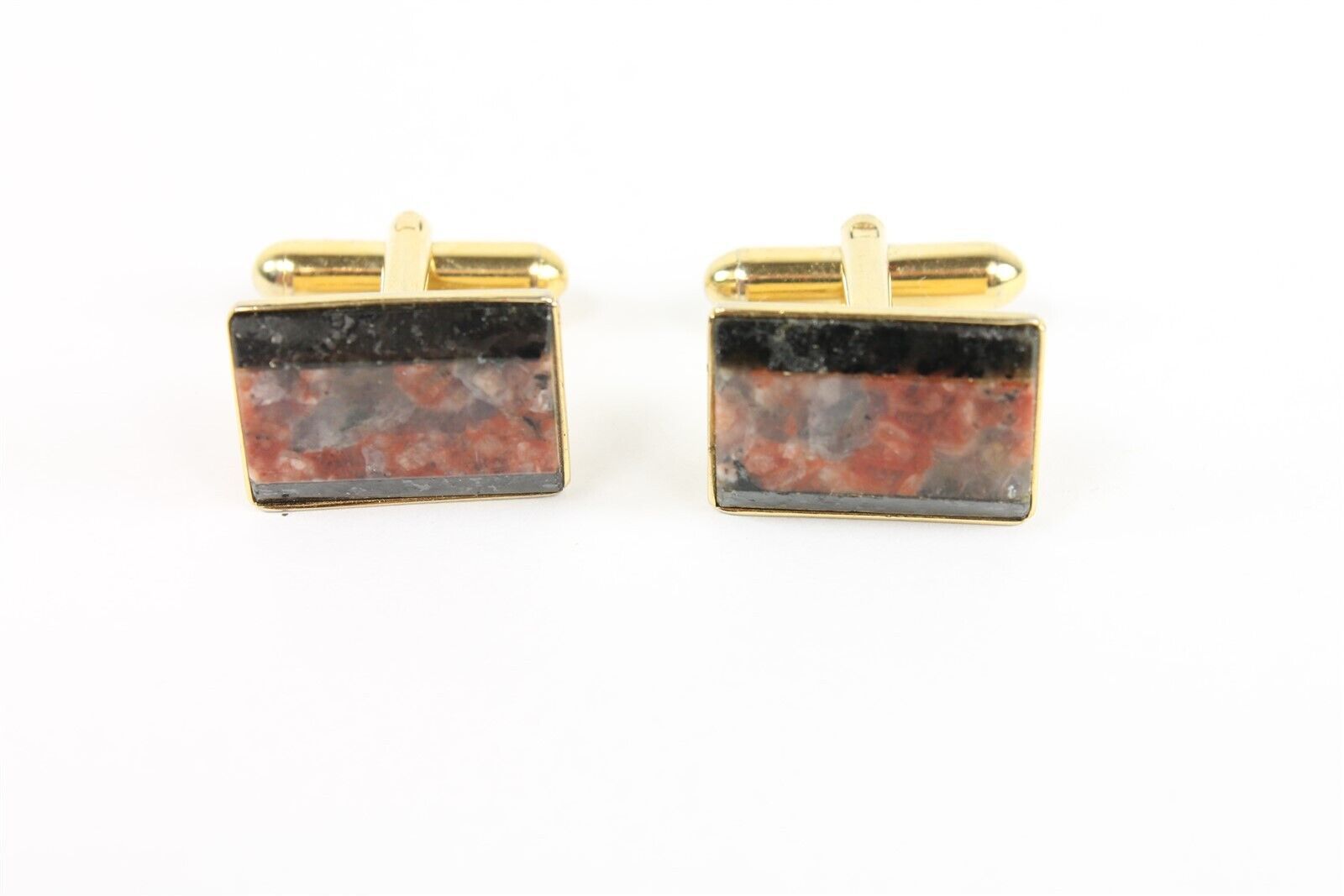 ✅ Vintage Pair Mens Black Onyx Brown Stone Rectangle Gold Plate Tone Jew... - $7.91
