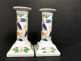 ceramic candlesticks exotic colorful bird tropical flowers - £33.28 GBP