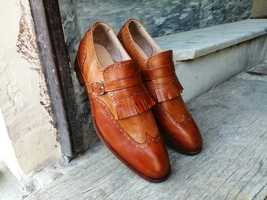 Handmade Men Tan Brown Wing Tip Leather Fringes Monk Strap Shoes, Designer Shoes - £113.42 GBP