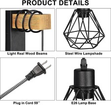 2 Pc Vintage Industrial Wall Sconce lamp With Plug In Cord Wooden Beam and Steel - £47.72 GBP