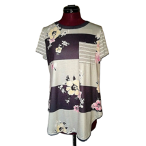 SHEIN Top Multicolor Women Pocket Short Sleeves Floral Striped Size Large - £17.58 GBP